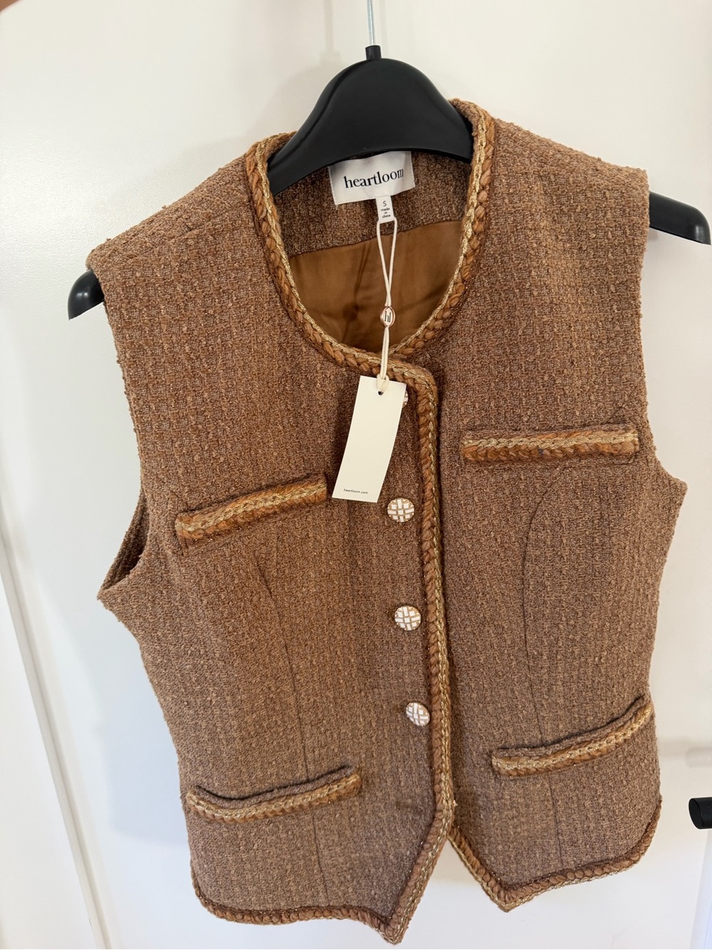 Heartloom Brown Braided-Trim Tweed Vest